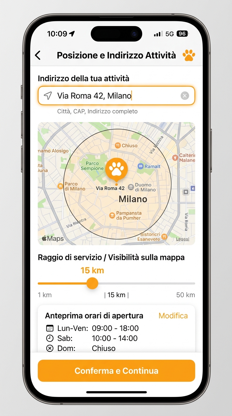 Selettore indirizzo, coordinate GPS e raggio copertura nell'app