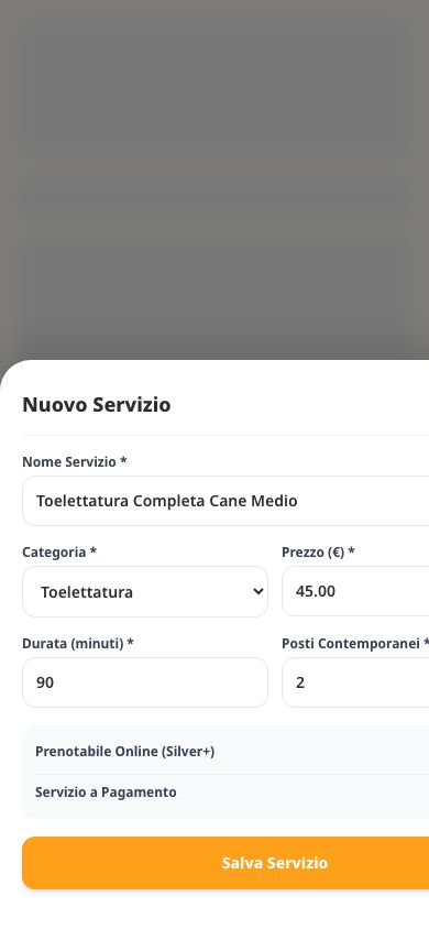 Modale di creazione servizio nell'app