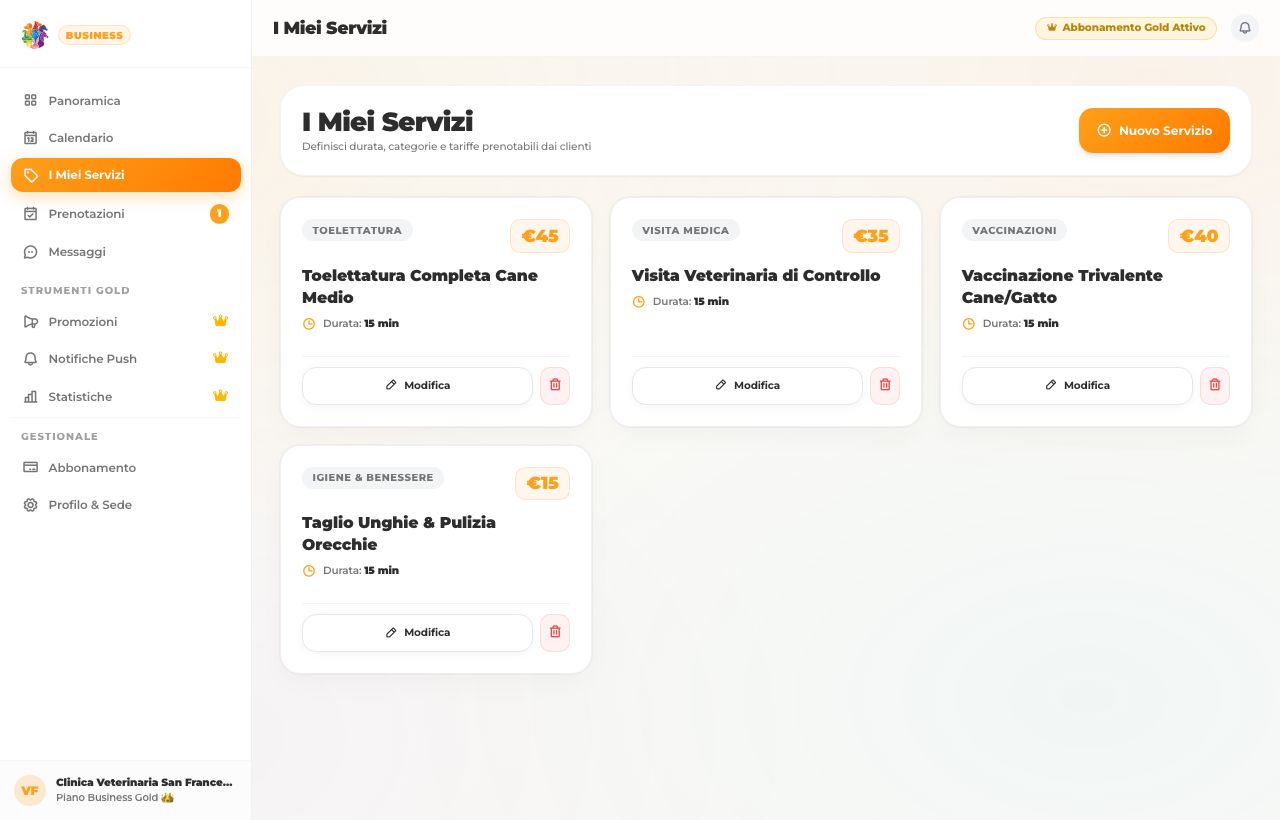 Tabella gestione servizi nel pannello web